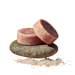 Two Light Pink Handmade Soap Bars Resting on a Round Stone, Bright Background 