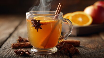 Steaming apple cider in glass mug with cinnamon stick, star anise, orange slice on wooden surface