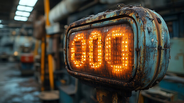 Rusty Vintage Digital Counter Displaying Zero Zero Zero in Abandoned Factory Setting - Powered by Adobe