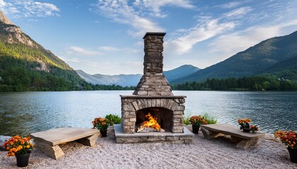 outdoor stone fireplace by a serene lake