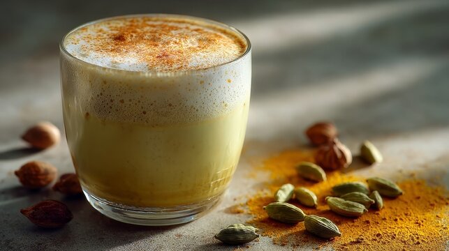 Chai tea latte with frothy milk, cardamom pods and golden turmeric powder dusted on top