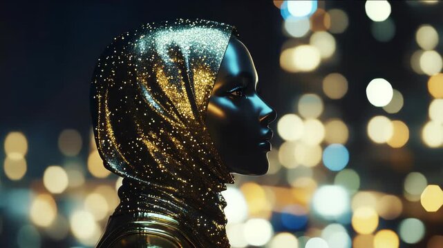 A woman in a black scarf stands in front of the city horizon. The image has a dreamy, etheric quality, with a womans face and a scarf, create a feeling of riddle and intrigue. Muslim woman in a hijab.