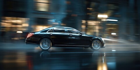 Luxury Sedan Driving Through Night City Streets with Blurred Lights and Reflections