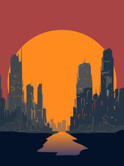 City at sunset. Vector illustration in flat design style. Cityscape in the colors of the evening sunset. For Create bright city landscapes at sunset