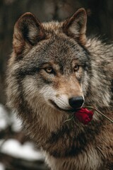 Fototapeta premium Wolf with amber eyes holds a red rose its fur shades of gray brown and tan against a blurred background
