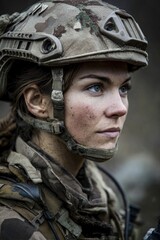 Fototapeta premium Woman in camouflage helmet tactical gear dirtsmudged face looking up set against blurred background