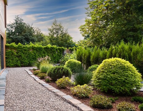 well maintained landscaping with gravel borders and varied greenery