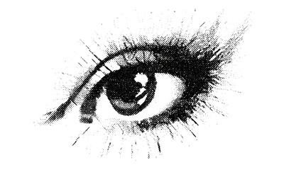 Vintage halftone stipple angry eye vector with grunge punk Y2K vibe, perfect for gothic surreal collage posters or banners in photocopy style, retro textured sticker effect, nostalgia art