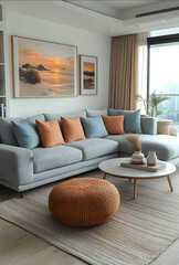 A modern lightfilled living room with white walls a grey sofa and pastel blue pillows A round coffee table white builtin cabinets and a wooden floor Pinkframed pict