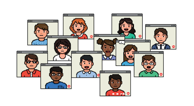 Diverse people in video call interface with retro pixel art style