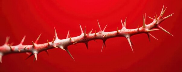 A close-up of a red background with a white branch loaded with many sharp, pointed thorns,  detail shot,  red color scheme,  autumn foliage