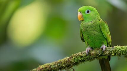 Vivid green parrot perched on a mossy branch.