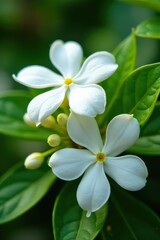 Obraz premium Close-up of Arabian jasmine blossoms, showcasing delicate white petals and vibrant green foliage , botany, fragrant, plant