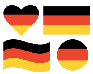 Germany flag isolated in circle shape, square shape, heart shape and waving shape. Germany flags set.