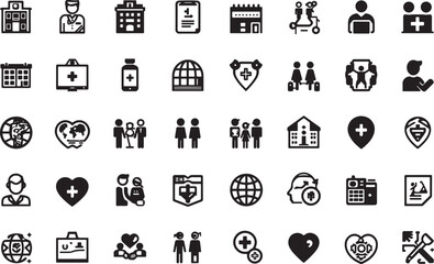 Healthcare and Medical Solid Icons Set - Hospital, Doctor, Health, and Community Care Symbols