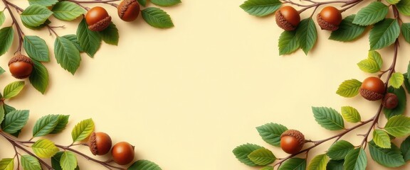 Elegant beige background framed by acorns & green leaves, autumn, pattern