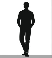 Naklejka premium Black silhouette of a man standing with hands in pockets on a white background vector