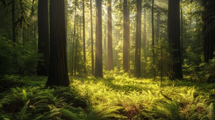 Sunlight streams through a redwood forest floor.