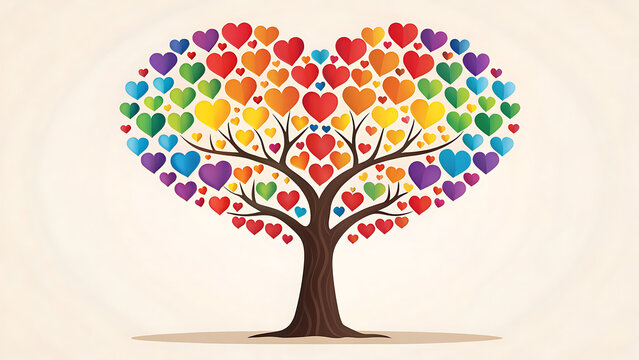 Vibrant rainbow heart tree symbolizing love diversity unity and growth with a strong trunk and spreading branches against a light background