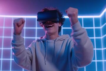 Man in virtual reality glasses in a futuristic room. Virtual reality immersion gamer