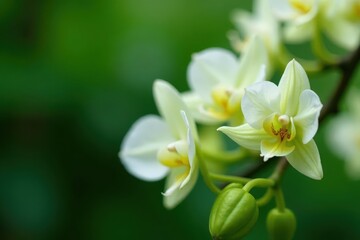 Delicate white petals surround a cluster of green moth orchid flowers on a tree branch, moth orchid, flowers, branches