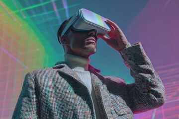 Man in virtual reality glasses in a futuristic room. Virtual reality immersion gamer