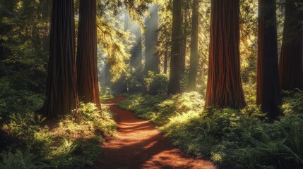 Sunlight streams through redwood forest, illuminating a woodland path.