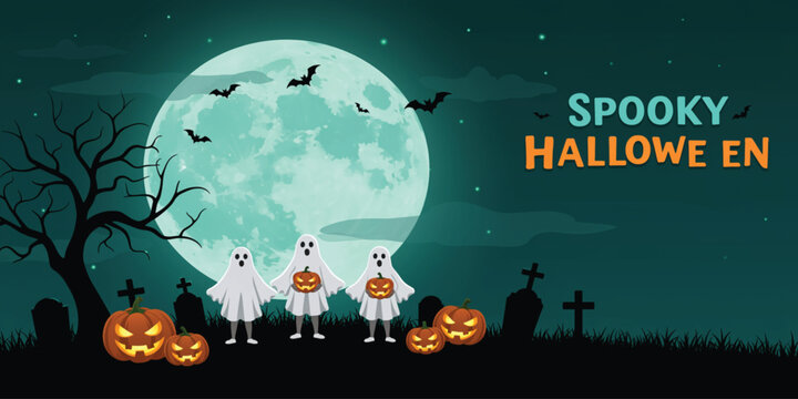 A vibrant Halloween-themed image featuring three ghosts holding pumpkins, set against a night sky with a large, glowing moon, spooky silhouettes of trees and gravestones, and bats. - Powered by Adobe