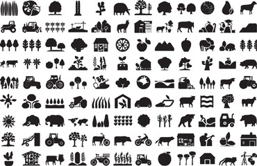 Agriculture and Farming Solid Icons Set - Farm Animals, Crops, Machinery, and Rural Life Symbols