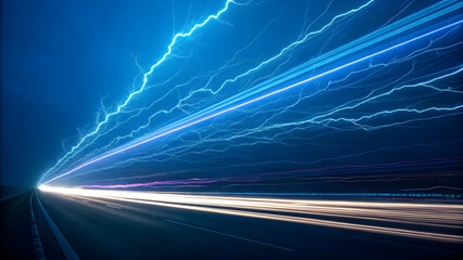 Electric Blue Lightning Streaks Over a Dark Highway at Night road speed