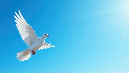 Fototapeta premium Two white doves in flight against a vibrant blue sky , spring, freedom, image