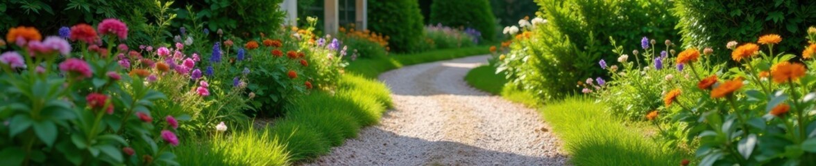 Obraz premium Weathered gravel path in garden leading to a cottage, natural surroundings, spring garden
