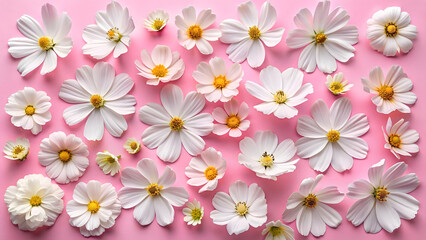 Numerous White Cosmos Flowers with Yellow Centers Scattered on a Pink Background white flowers floral