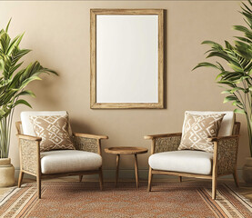 Wall frame mockup in a boho interior with two armchairs a beige wall background a plant and a carpet on the floor Wooden frames of different sizes with a blank poste