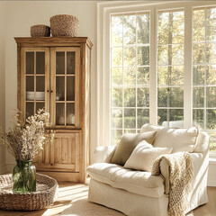 bright inviting living room with a beautifully restored vintage wooden cabinet as the focal point surrounded by warm natural decor elements The room is filled with