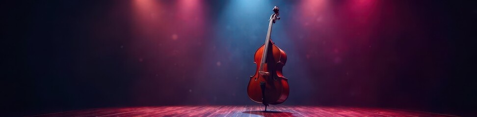Fototapeta premium Large, upright double bass on stage, spotlight shining , light, wood