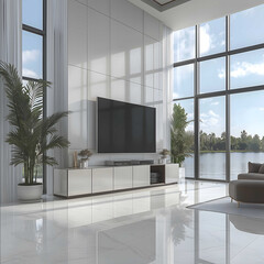 Luxury wall unit with custom storage elegantly crafted entertainment center very soft integrated lighting soft glossy finish situated in a bright Florida living roo