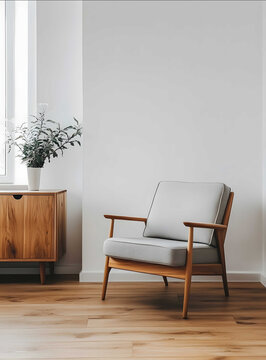 Minimalist interior design a living room with wood flooring and white wall paint wooden furniture in the background a grey armchair on a light oak floor a window on