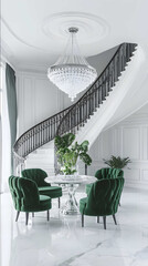 A grand entryway with an elegant staircase white walls and ceiling a large crystal chandelier hanging from the center of the room green velvet chairs at a round ta