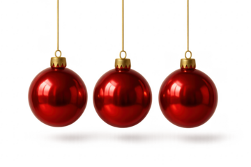 Three Red Christmas Balls Hanging with Gold String on Transparent Background