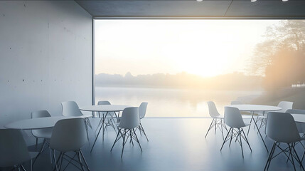 a gray white sterile and minimalist conference meeting room small round white tables and basic white chairs lined up by the window which is looking out towards a ri