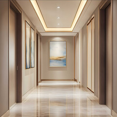 Obraz premium A simple modern hallway with a painting at the end illuminated by a ceiling LED light