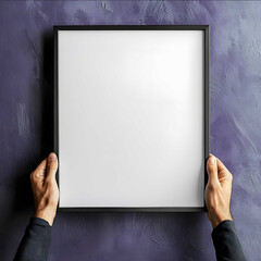 Mockup for an Etsy shop a large picture with a poster is held by hands stylish American male minimalist photorealistic raw style pleasant tones and very light tones
