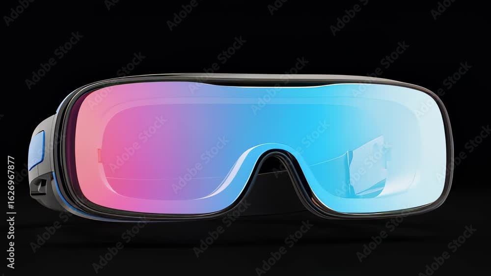 Poster exploring sleek futuristic goggles designed for immersive technology experiences in a modern setting