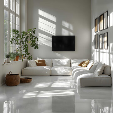 minimal white interior a sofa and a tv livingroom Play of light and shade dhr