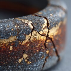 Fototapeta premium Cracked metal ring with gold flaking and rusted texture