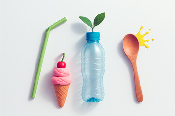 Three symbolic objects: a paper straw, a plastic bottle sprouting a plant, and a bamboo spoon; on a pure white background.
