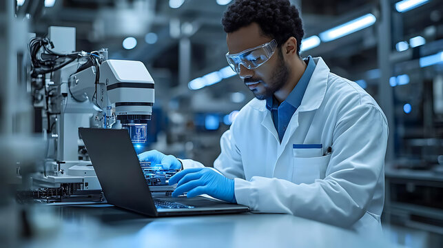 Focused Male Scientist Working with Robotic Arm and Laptop in Modern Factory