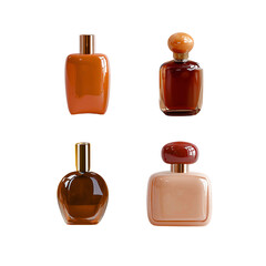 A collection of stylish perfume bottles. Glossy 3D icons in various shades.