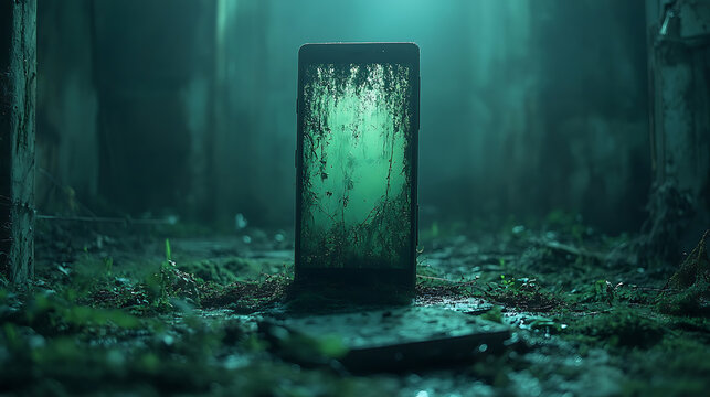 Abandoned Smartphone in Overgrown Ruins - Post-Apocalyptic Scene